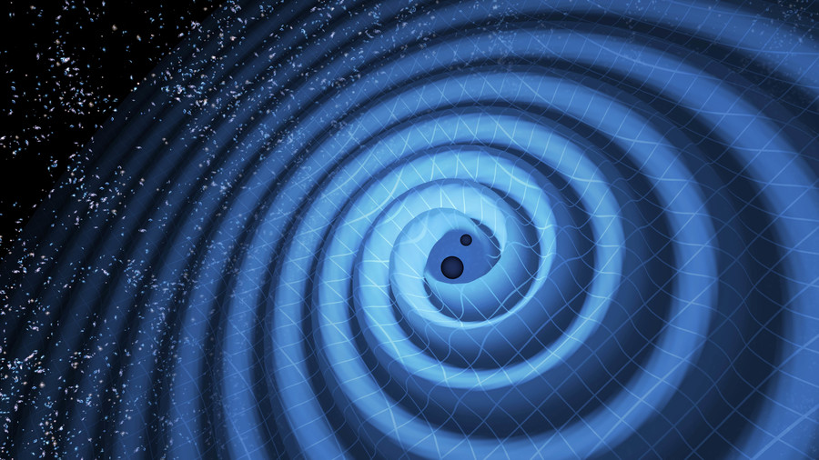 双黑洞并合系统产生引力波的示意图